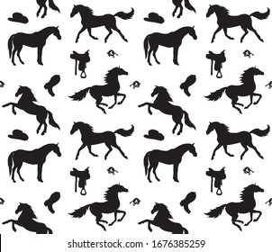Vector seamless pattern of black horses and cowboy western equipment silhouette isolated on white background