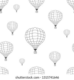 Vector seamless pattern of black hot air balloons outline on white background