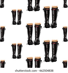 Vector seamless pattern with black hunter boots. Background for decoration seasonal celebration, greeting card and banner. Hand drawn symbols on white backdrop.