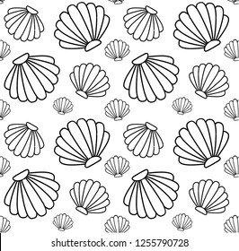 Vector seamless pattern of Black line contour drawn shell isolated on white background 