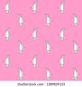 Vector seamless pattern of black line hand drawn cockatoo parrot sitting on tree branch isolated on pink background