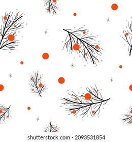 Vector seamless pattern with black line isolated fir Christmas tree branches, orange circle balls and snowflakes on a white background. Winter holiday texture, decoration, New Year. Wrapping, print
