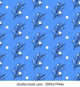 Vector seamless pattern of black line fir festive branches with snow balls and flakes on a blue background. Christmas tree, New Year, holiday texture. Winter decoration, print, wrapping