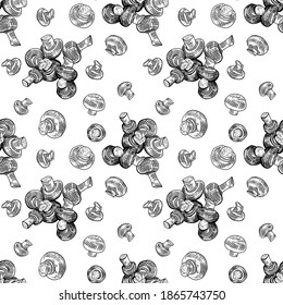 Vector seamless pattern. Black linear silhouettes of mushrooms on a white background. Illustration for kitchen decoration, kitchen items, textiles, and more.