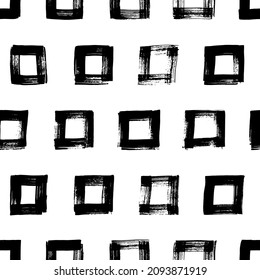 Vector seamless pattern with black linear squares. Modern stylish texture. Repeating geometric tiles with square frames. Abstract tiny shapes. Grunge rectangles, ink illustration. Modern wallpaper