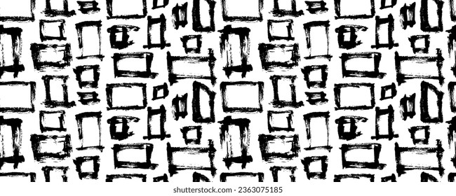 Vector seamless pattern with black linear squares. Modern stylish texture. Repeating geometric tiles with square frames. Abstract tiny shapes. Grunge rectangles, ink illustration.