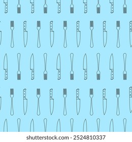 Vector seamless pattern with black linear knife and fork for kitchen on blue background