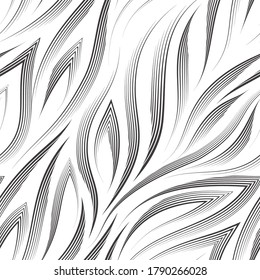 Patrón vectorial sin fisuras de líneas y esquinas negras sobre un fondo blanco.Textura de formas y líneas fluidas para el flujo o el mar.Fondo para la decoración de tejidos o embalajes