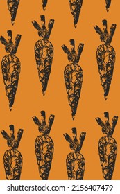 Vector seamless pattern with black linocut carrots on a orange background 