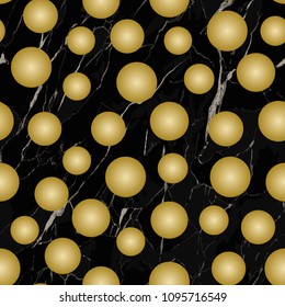 Vector seamless pattern with black marble and gold polka. Marbling surface, modern luxurious background, luxury wallpaper.