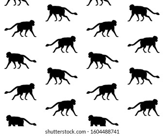 Vector seamless pattern of black monkey silhouette isolated on white background
