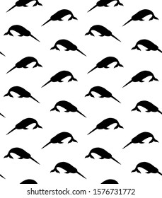 Vector seamless pattern of black narwhal silhouette isolated on white background