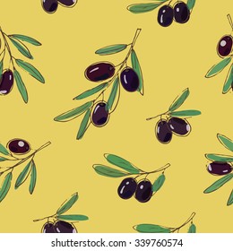 vector seamless pattern with black olives on yellow background