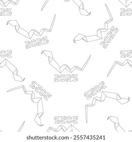 Vector seamless pattern with black origami snake under number 2025. Isolated serpent silhouette design combined as numeric symbol for 2025 Chinese New Year celebration with snake zodiac sign.