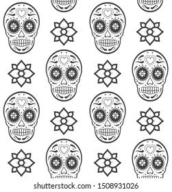 Vector seamless pattern of black outline Mexican sugar skull and flowers isolated on white background. Day of the dead illustration