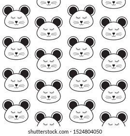 Vector seamless pattern of black outline mouse rat face isolated on white background