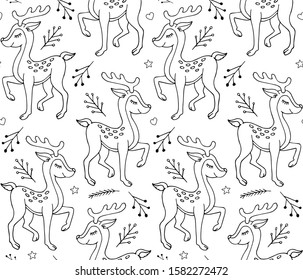 Vector seamless pattern of black outline hand drawn doodle sketch deer isolated on white background