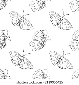 Vector seamless pattern of black outline cute butterflies in Doodle style. Cute cartoon beautiful insects. Background and texture on theme of nature, spring, summer, children print, isolated