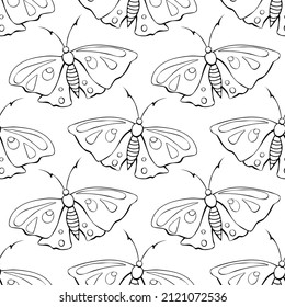 Vector seamless pattern of black outline cute butterflies in Doodle style. Cute cartoon beautiful insects. Background and texture on theme of nature, spring, summer, children print, isolated