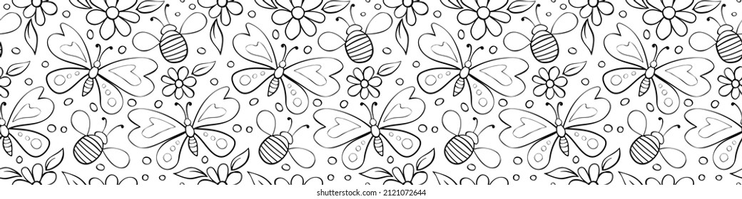 Vector seamless pattern of black outline butterflies, honey bees and flowers. Doodle style. Glade as nature lace. Cute background and texture on theme of nature, spring, summer, children print