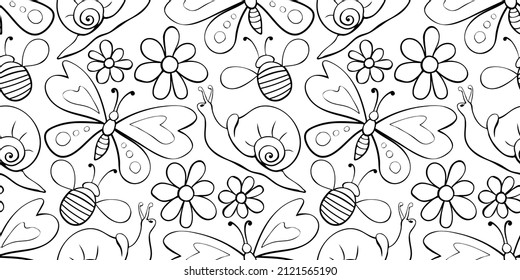 Vector seamless pattern of black outline butterflies, honey bees, snails and flowers. Doodle style. Flower meadow. Cute texture on theme of nature, spring, summer, children print