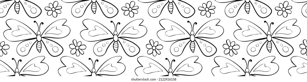 Vector seamless pattern of black outline cute butterflies and flowers in Doodle style. Background and texture on theme of nature, spring, summer, children print, isolated