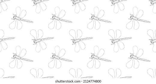 Patrón vectorial sin fisuras de contorno negro lindas libélulas en estilo Doodle. Glade, borde del bosque. Antecedentes y textura sobre el tema de la naturaleza, primavera, verano, niños impresos, aislados