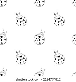 Vector seamless pattern of black outline cute ladybugs in Doodle style. Background and texture on theme of nature, spring, summer, children print, isolated
