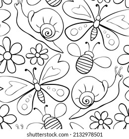 Vector seamless pattern of black outline butterflies, honey bees, snails and flowers. Doodle style. Flower meadow. Cute texture on theme of nature, spring, summer, children print
