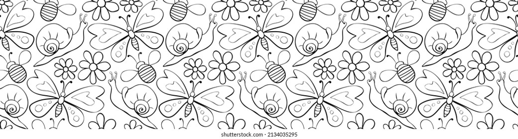 Vector seamless pattern of black outline butterflies, honey bees, snails and flowers. Doodle style. Flower meadow. Cute texture on theme of nature, spring, summer, children print