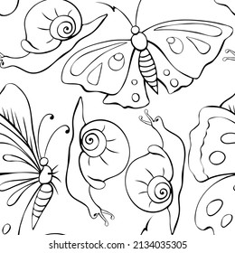 Vector seamless pattern of black outline butterflies and snails. Doodle style. Flower meadow. Cute texture on theme of nature, spring, summer, children print