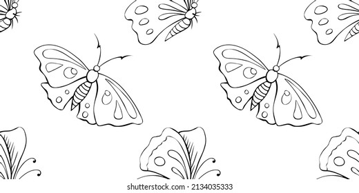 Vector seamless pattern of black outline cute butterflies in Doodle style. Cute cartoon beautiful insects. Background and texture on theme of nature, spring, summer, children print, isolated