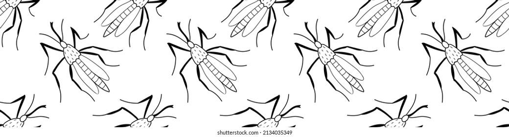 Vector seamless pattern of black outline mosquitos, moths, midges in doodle sketch style. Simple texture with insects, bloodsuckers, pests