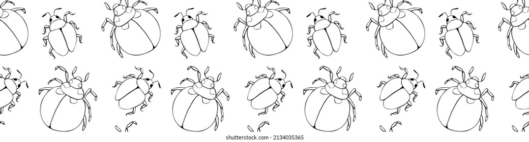 Vector seamless pattern of black outline abstract beetles in Doodle style. Simple texture with insects, bugs, parasites, pests