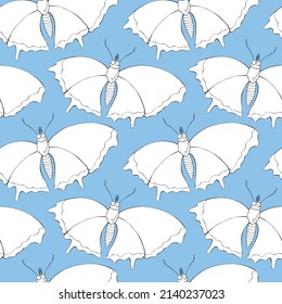Vector seamless pattern of black outline cute butterflies in Doodle flat style. Cute cartoon beautiful insects. Background and texture on theme of nature, spring, summer, children print, isolated