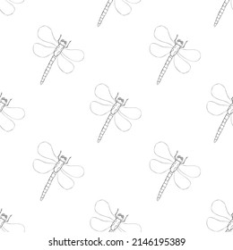 Vector seamless pattern of black outline cute dragonflies in Doodle style. Glade, forest edge. Background and texture on theme of nature, spring, summer, children print, isolated