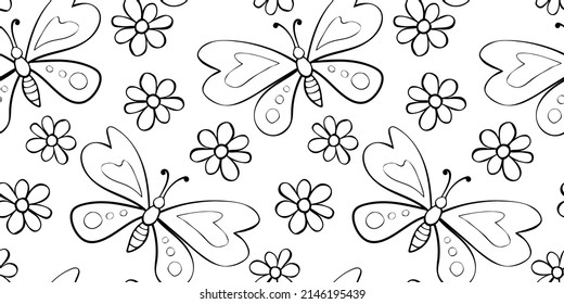 Vector seamless pattern of black outline cute butterflies and flowers in Doodle style. Glade, forest edge. Background and texture on theme of nature, spring, summer, children print, isolated