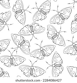 Vector seamless pattern of black outline cute butterflies in doodle style. Cute cartoon beautiful insects. Background and texture on theme of nature, spring, summer, children print, isolated