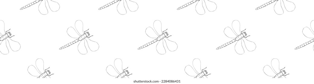 Vector seamless pattern of black outline cute dragonflies in Doodle style. Glade, forest edge. Background and texture on theme of nature, spring, summer, children print, isolated