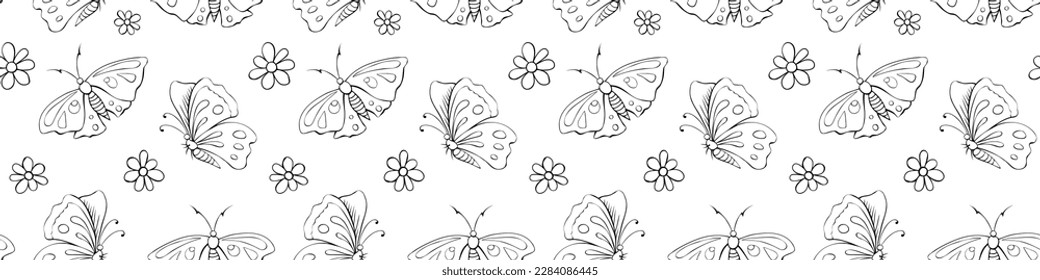 Vector seamless pattern of black outline cute butterflies and flowers in doodle style. Glade, forest edge. Background and texture on theme of nature, spring, summer, children print, isolated