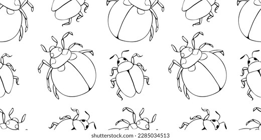 Vector seamless pattern of black outline abstract beetles in Doodle style. Simple texture with insects, bugs, parasites, pests