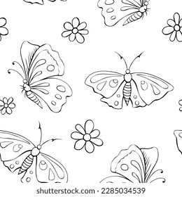 Vector seamless pattern of black outline cute butterflies and flowers in doodle style. Glade, forest edge. Background and texture on theme of nature, spring, summer, children print, isolated