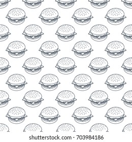 Vector seamless pattern of black outline burgers. Background for banner, packaging, menu.