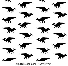 Vector seamless pattern of black parasaurolophus dinosaur silhouette isolated on white background