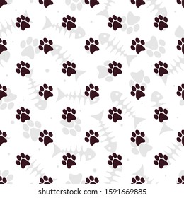 Vector seamless pattern with black paw prints; cute background for fabric, wallpaper, package, textile, wrapping paper, web design.