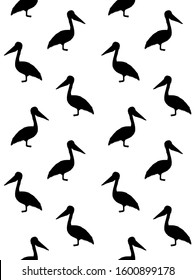 Vector seamless pattern of black pelican silhouette isolated on white background