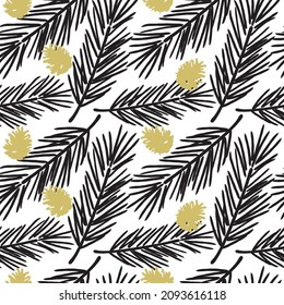 Vector seamless pattern, black pine branch and gold pine cone