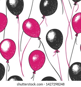 Vector seamless pattern of black and pink balloons on white background