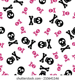 Vector seamless pattern with black and pink skulls and bones on white background