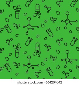 Vector seamless pattern with black plants, leaves and molecules on green backdrop. Agricultural background. Fertilizer illustration. Can be used for print on clothes, package, banner, wrapping paper.